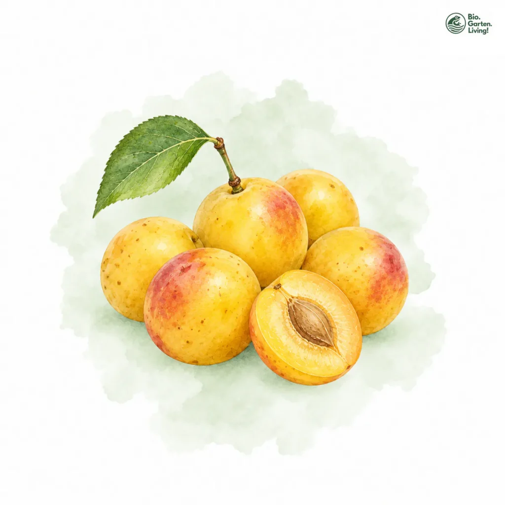 Aquarellillustration von Mirabellen (Prunus domestica subsp. syriaca)