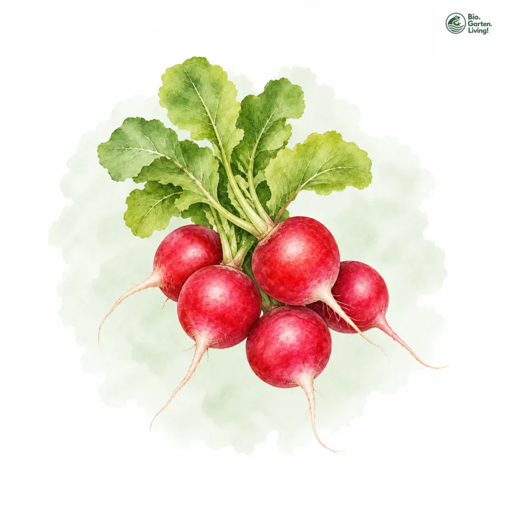Aquarellillustration von Radieschen (Raphanus sativus var. sativus)