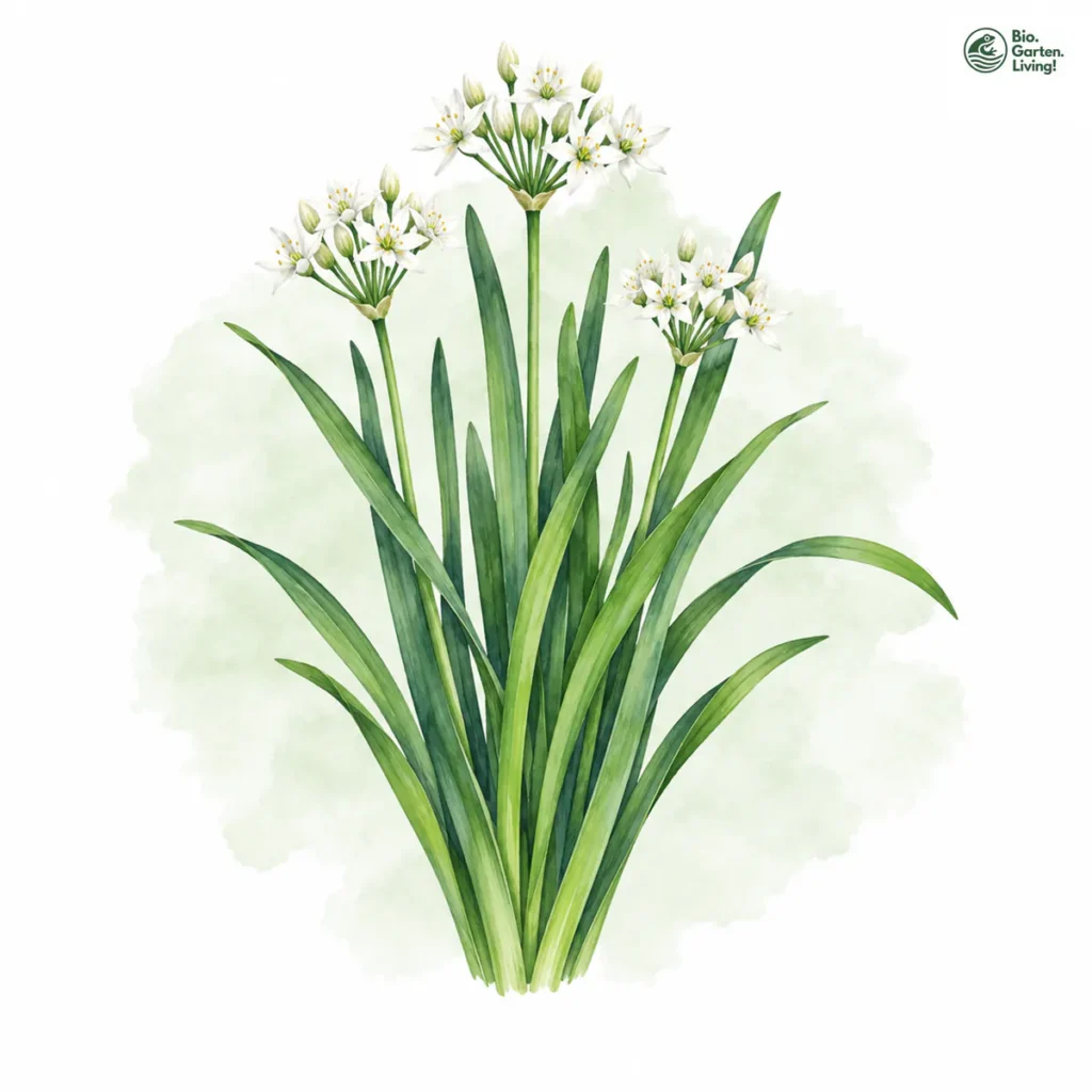 Aquarellillustration von Schnittknoblauch (Allium tuberosum)
