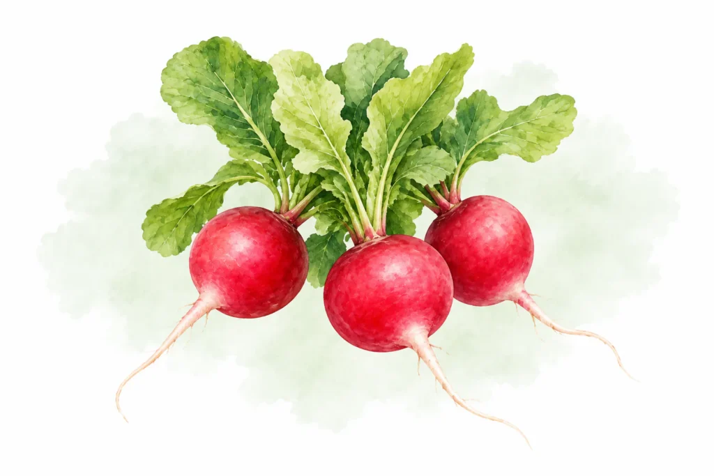 Aquarellillustration von Radieschen (Raphanus sativus var. sativus)
