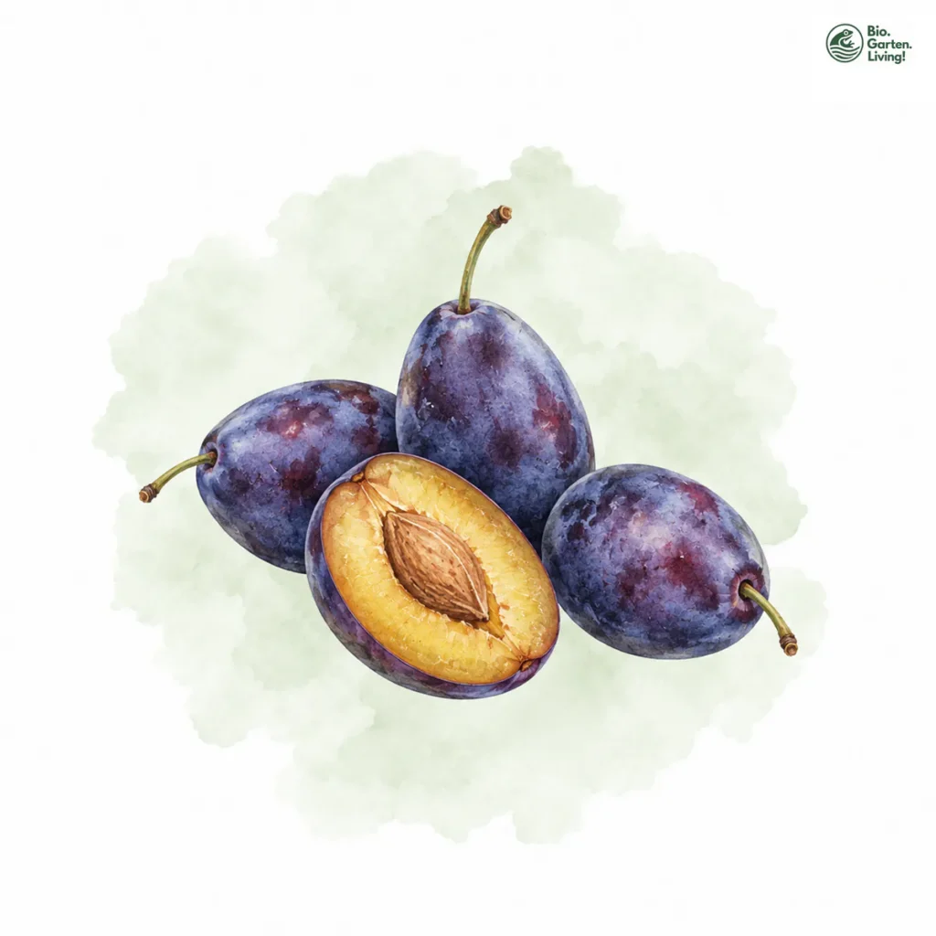 Aquarellillustration von Zwetschgen (Prunus domestica subsp. domestica)
