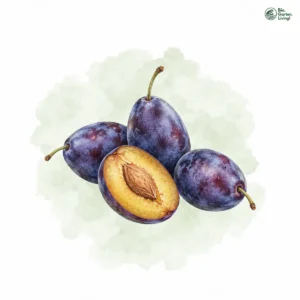 Aquarellillustration von Zwetschgen (Prunus domestica subsp. domestica)