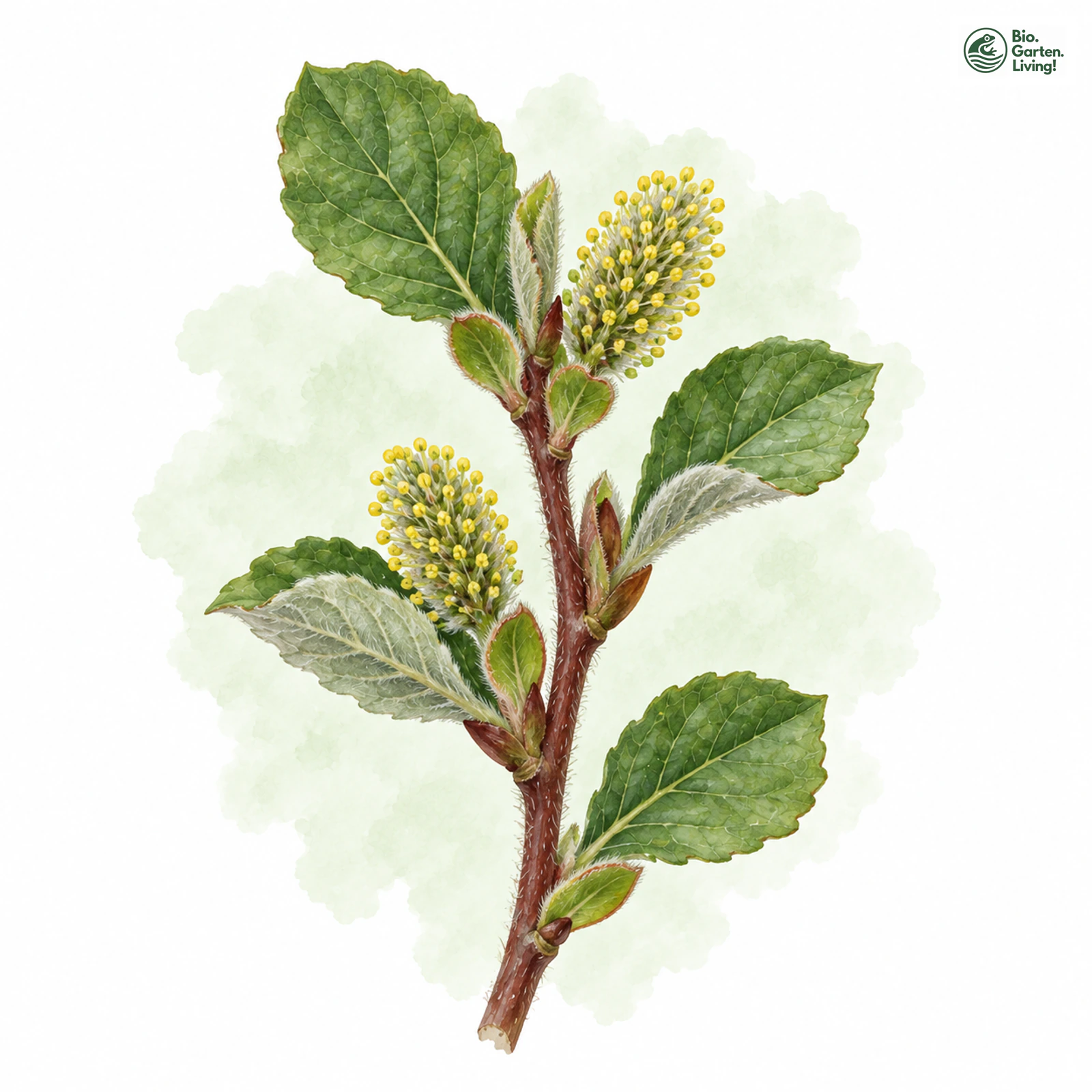 Aquarellzeichnung: Ohr-Weide (Salix aurita)