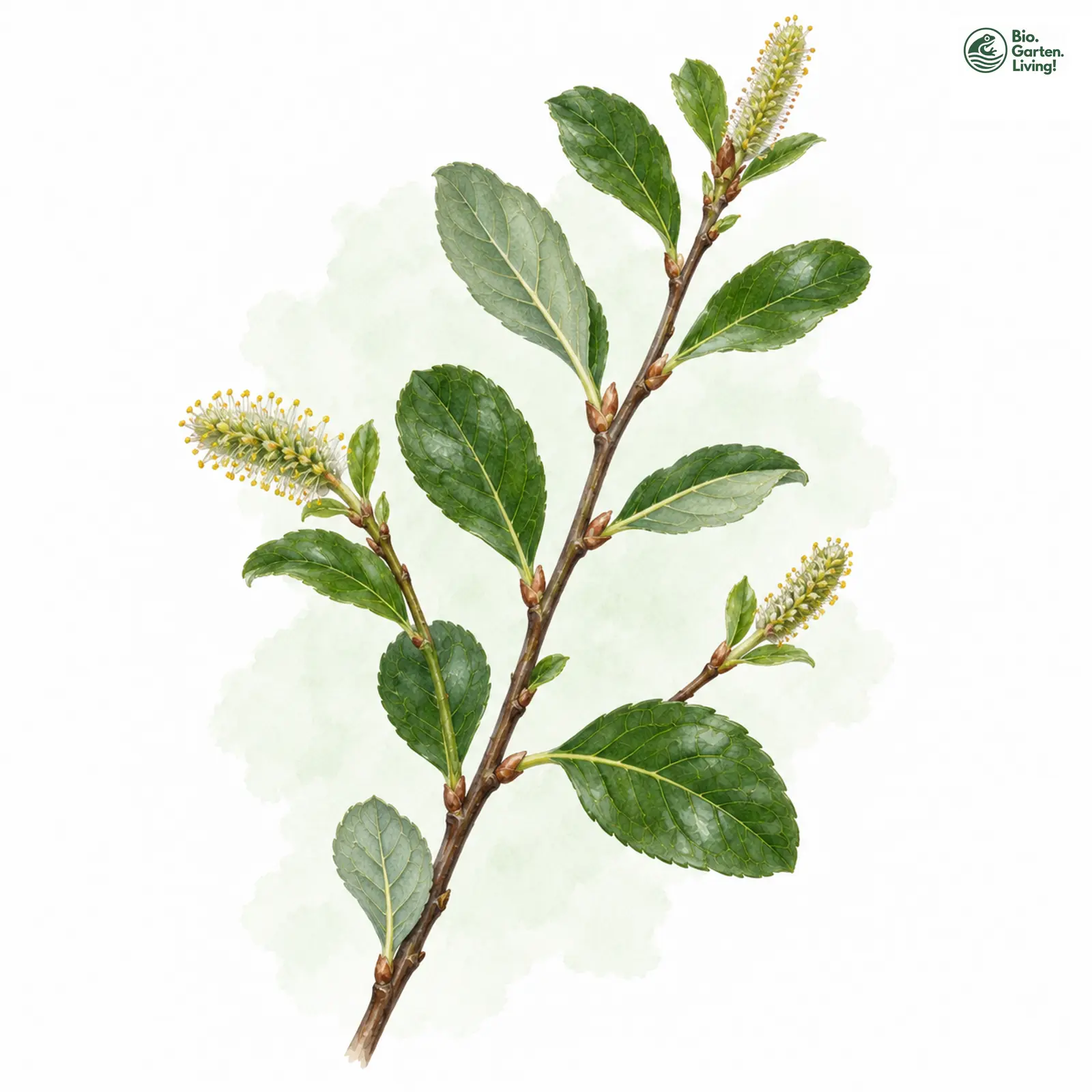 Aquarellzeichnung: Zweifarben-Weide (Salix bicolor)