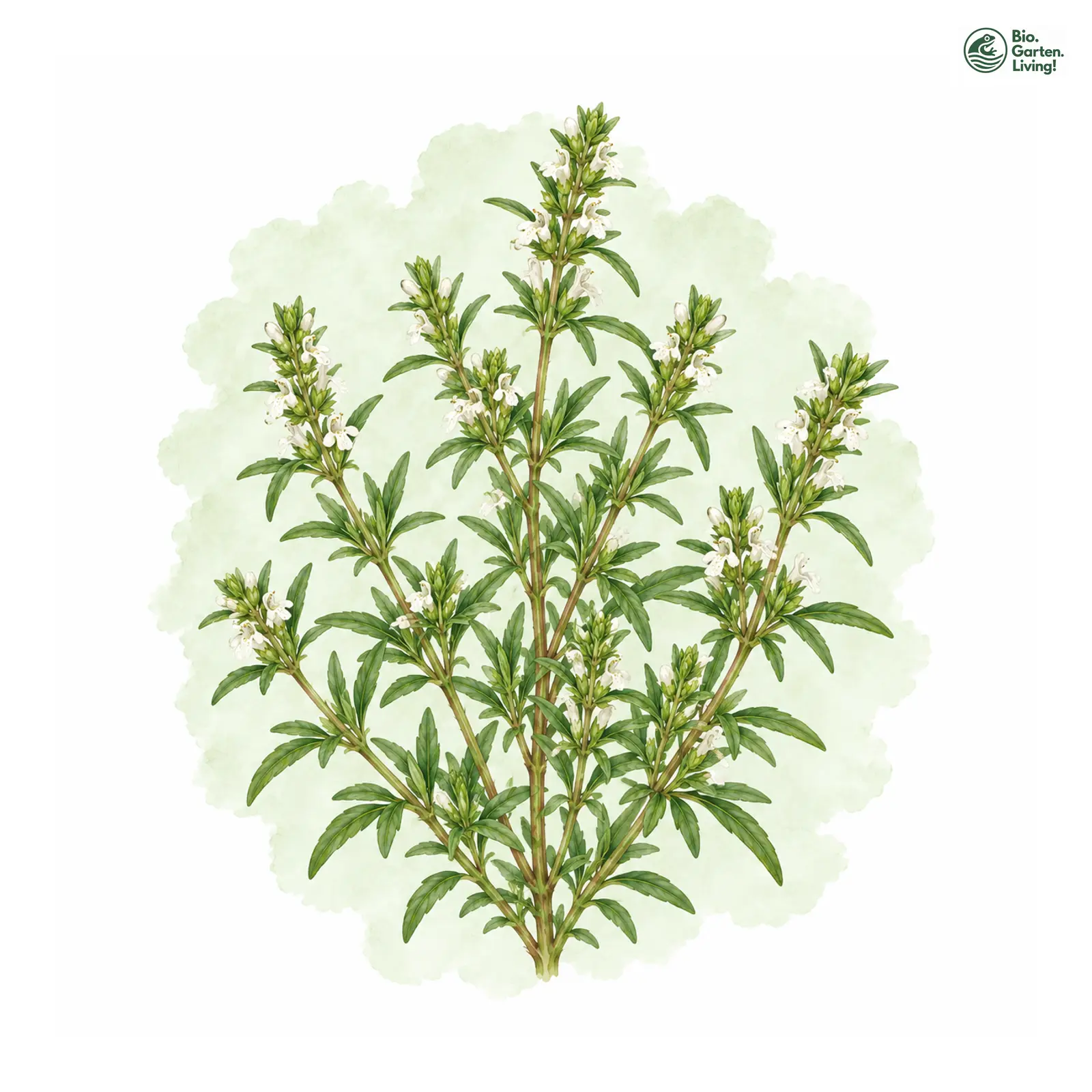 Aquarellzeichnung: Sommer-Bohnenkraut (Satureja hortensis)