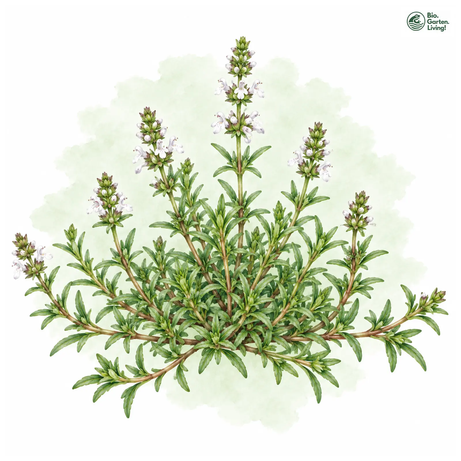 Aquarellzeichnung: Kriechendes Bohnenkraut (Satureja spicigera)