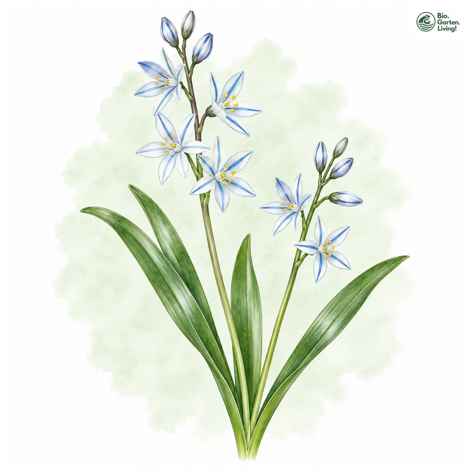 Aquarellzeichnung: Kaukasischer Blaustern (Scilla mischtschenkoana)