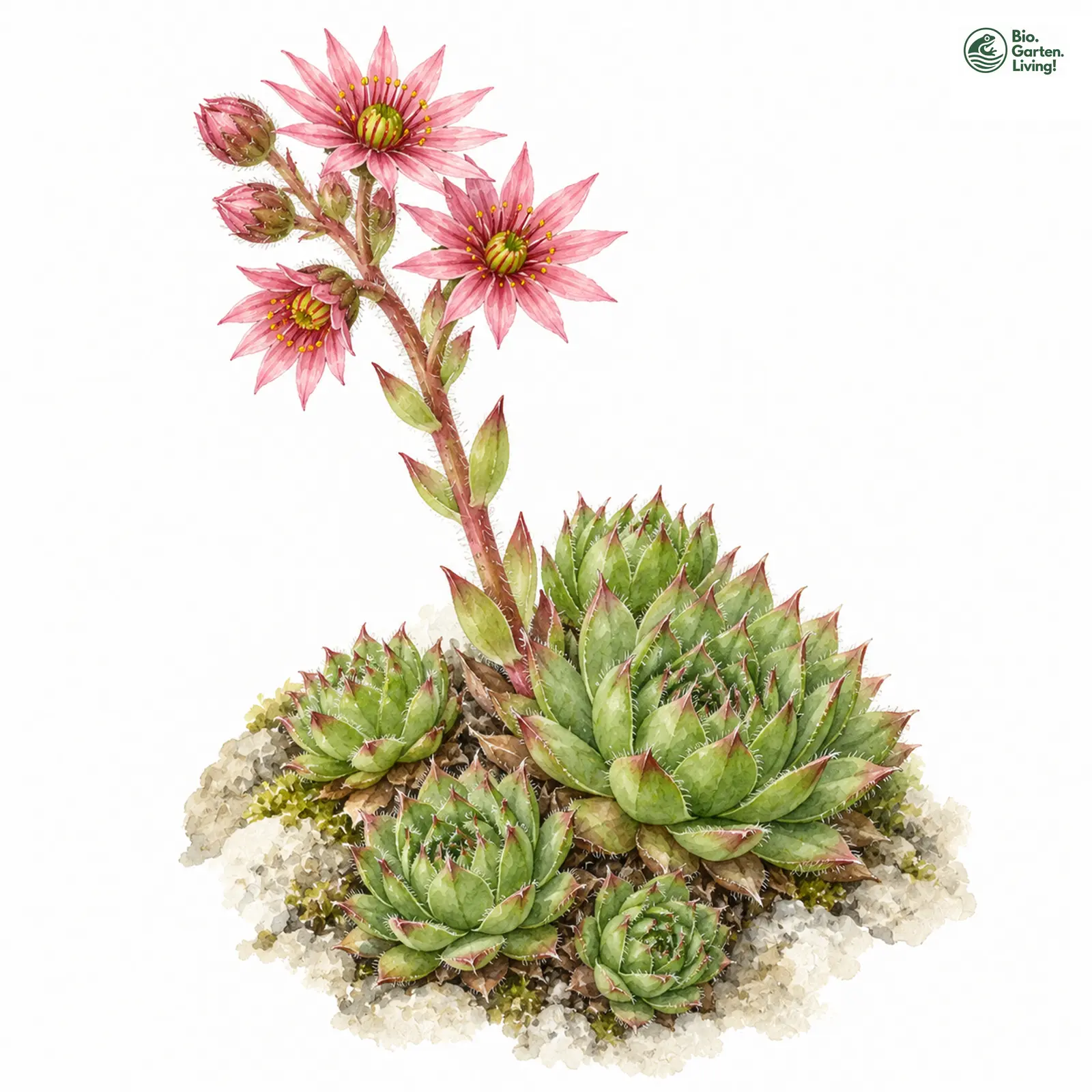 Aquarellzeichnung: Bärtige Hauswurz (Sempervivum barbulatum)