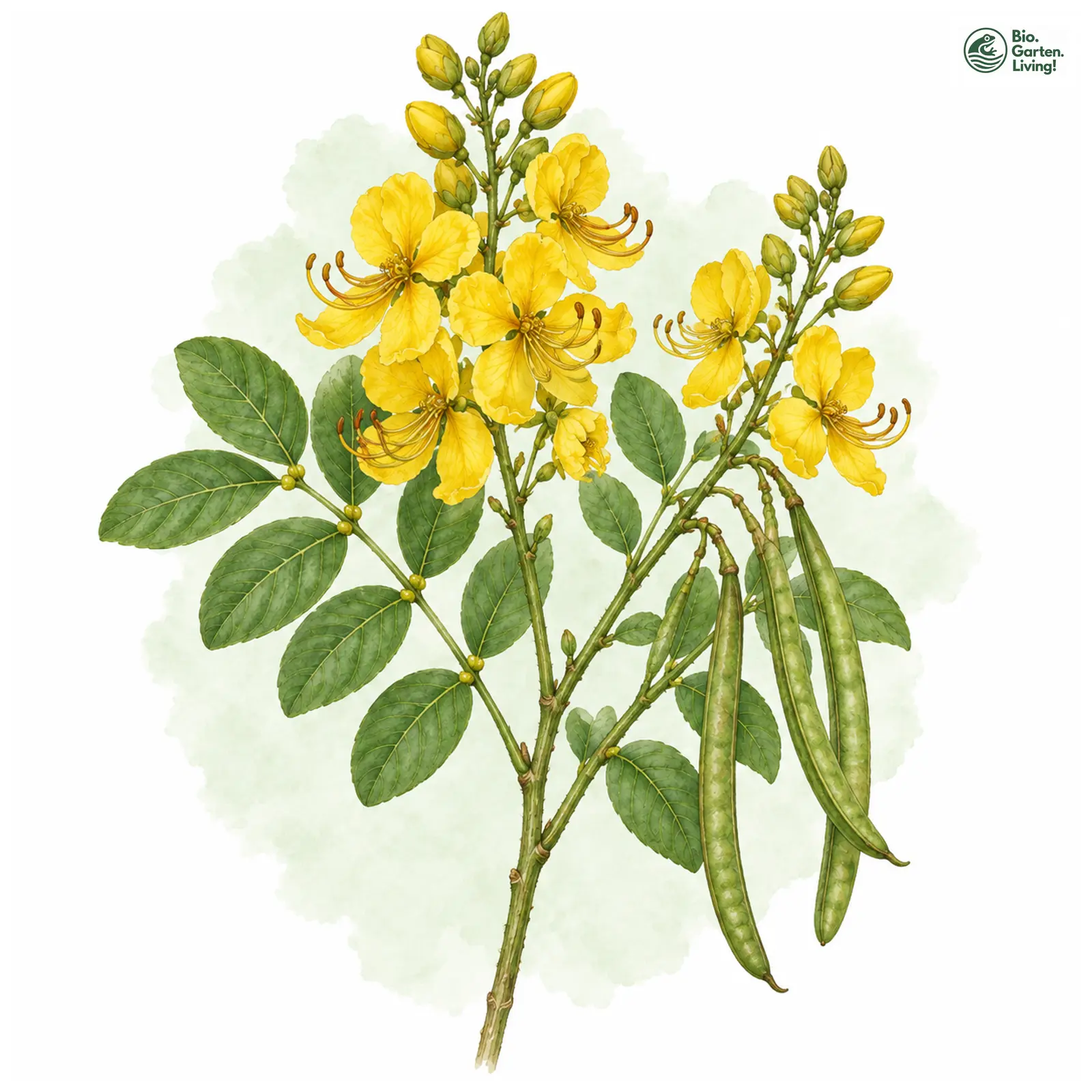 Aquarellzeichnung: Gewürzstrauch (Senna × floribunda)