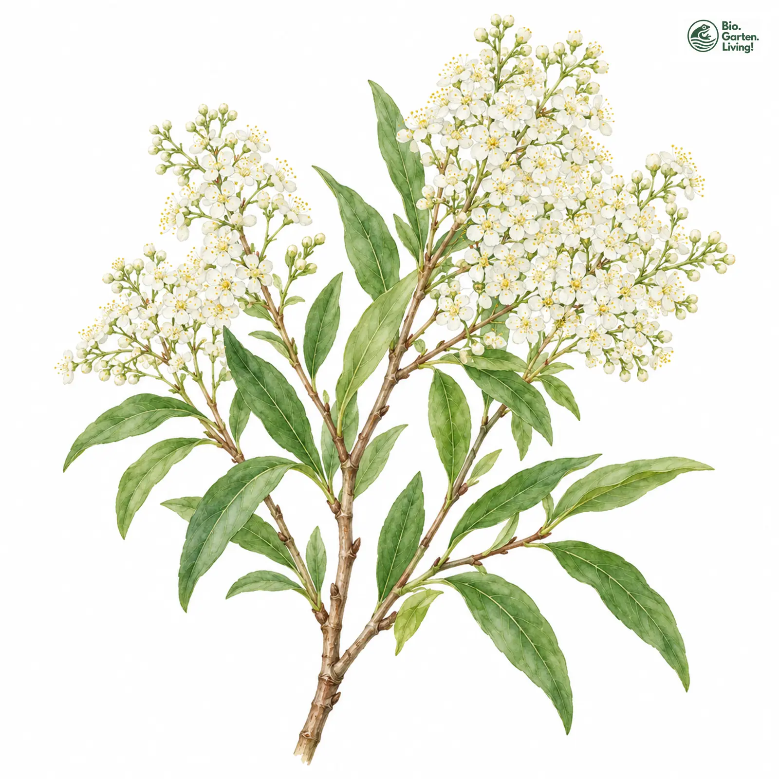 Aquarellzeichnung: Sibirische Blauspiere (Sibiraea laevigata)