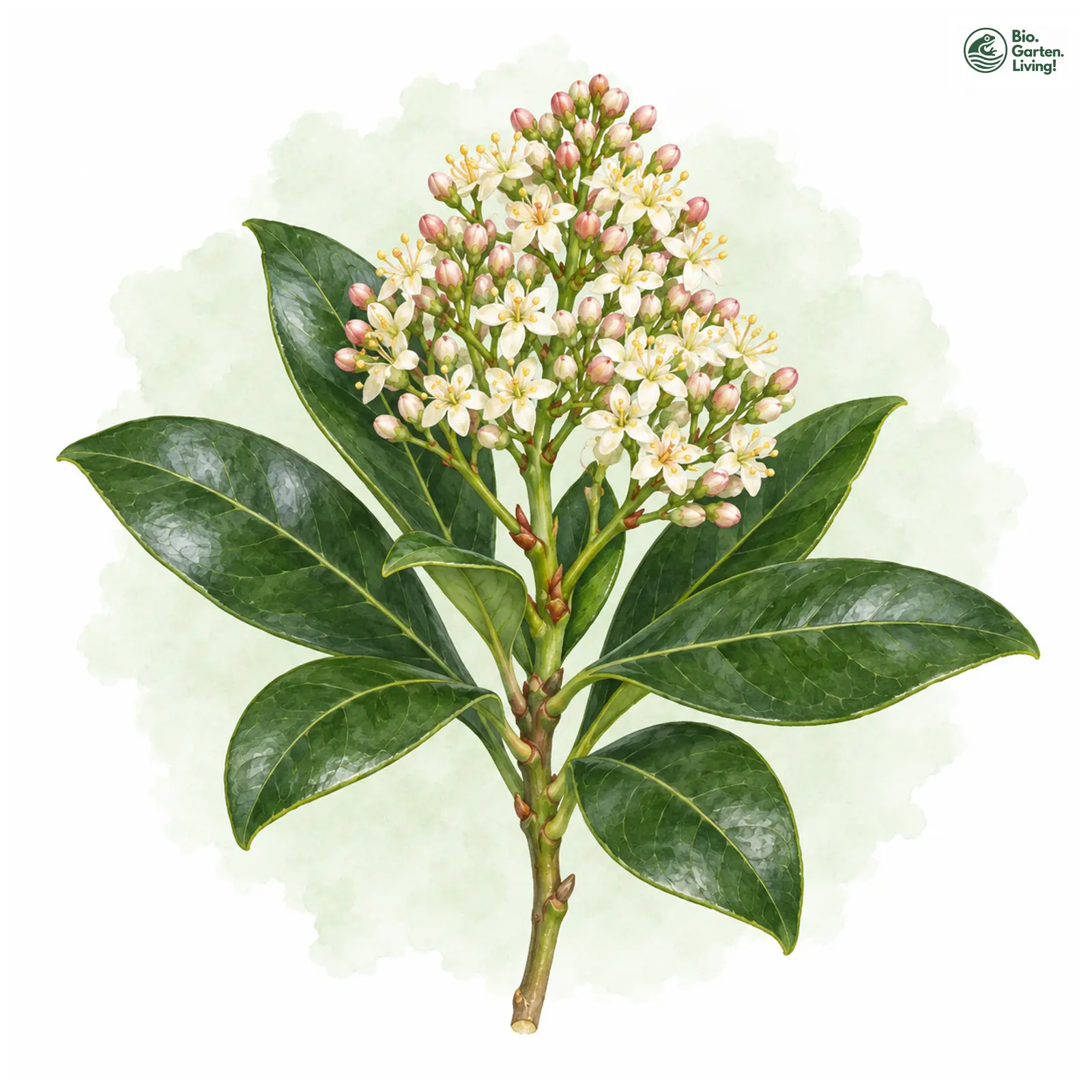 Aquarellzeichnung: Japanische Skimmie (Skimmia japonica)