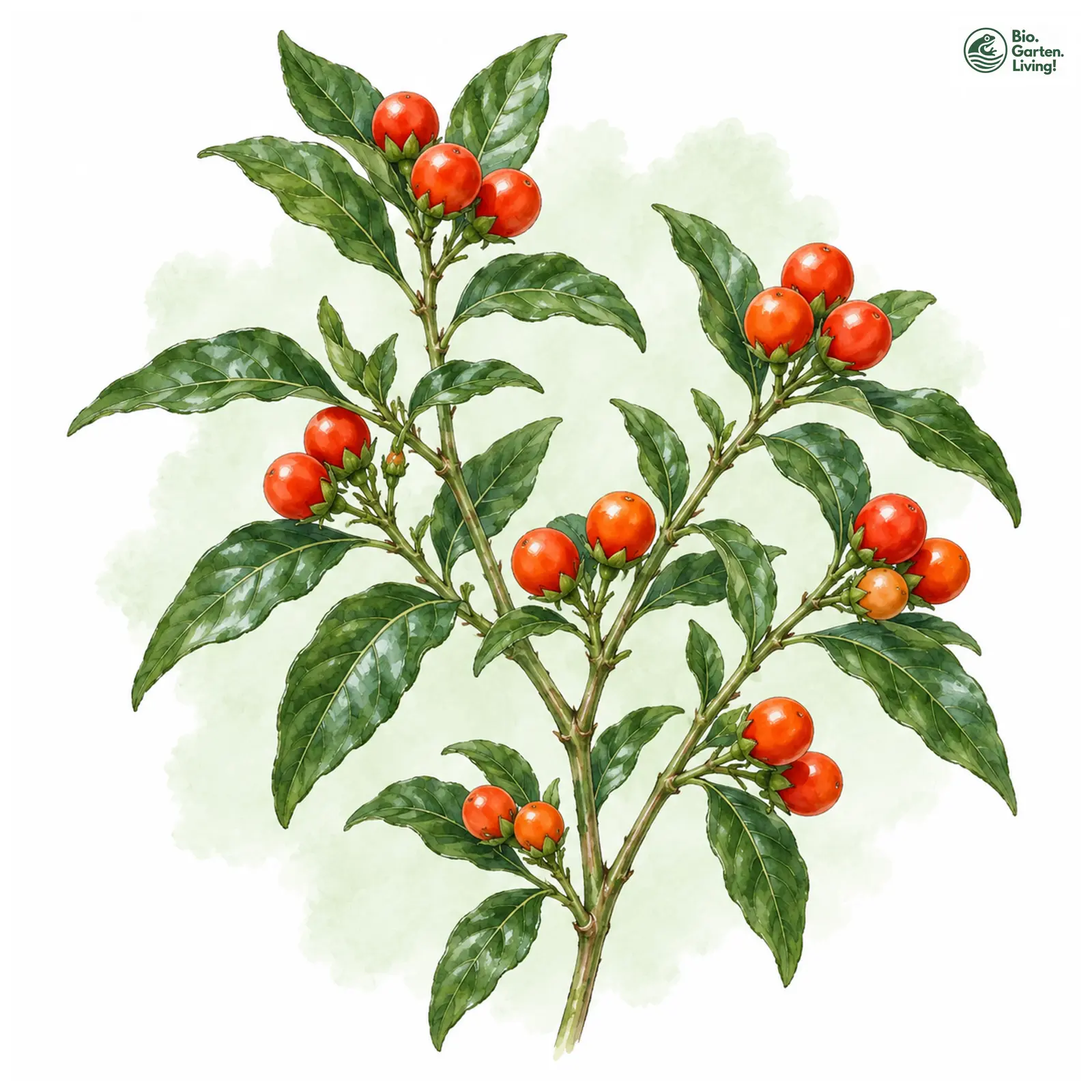 Aquarellzeichnung: Korallenstrauch (Solanum pseudocapsicum)