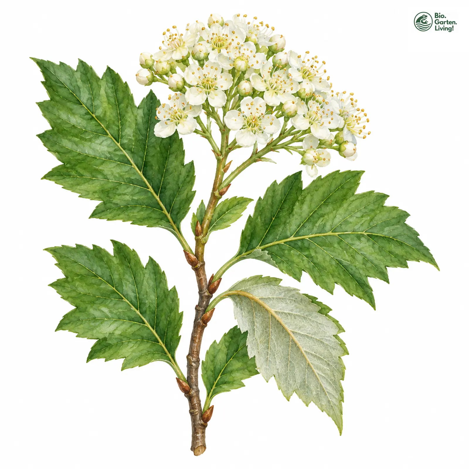 Aquarellzeichnung: Mergenthaler-Mehlbeere (Sorbus mergenthaleriana)