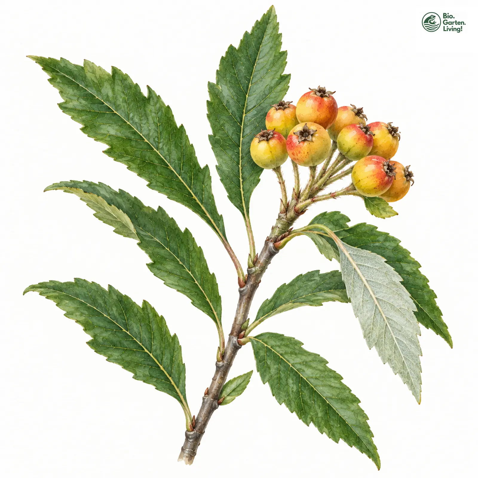 Aquarellzeichnung: Langblättrige Mehlbeere (Sorbus perlonga)