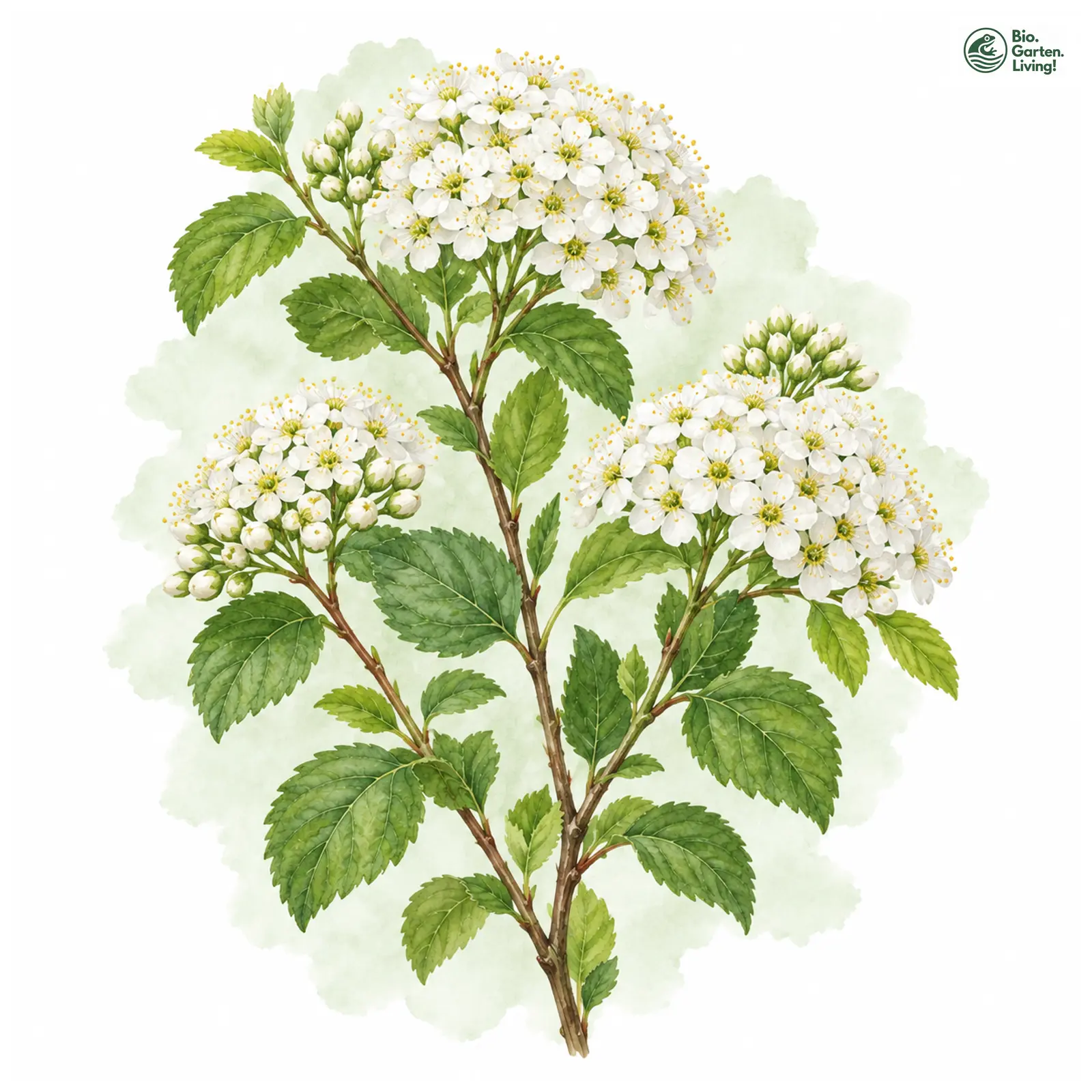 Aquarellzeichnung: Birkenblättrige Spiere (Spiraea betulifolia)