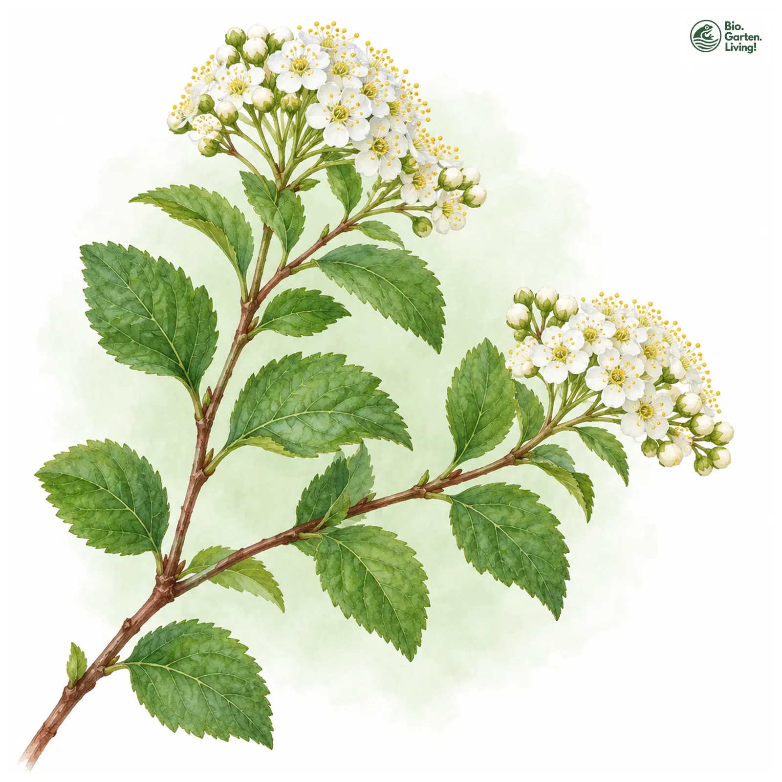 Aquarellzeichnung: Gamander-Spierstrauch (Spiraea chamaedryfolia)