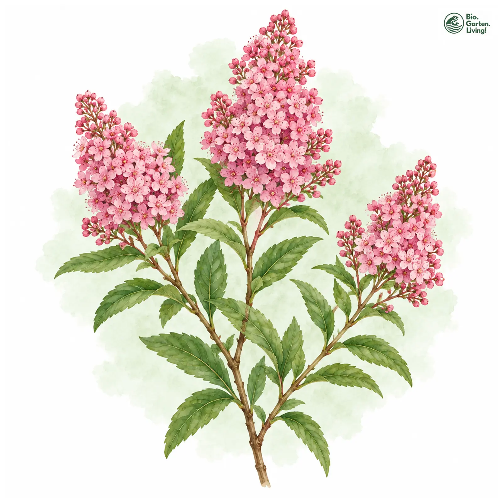 Aquarellzeichnung: Billards Spierstrauch (Spiraea × billardii)