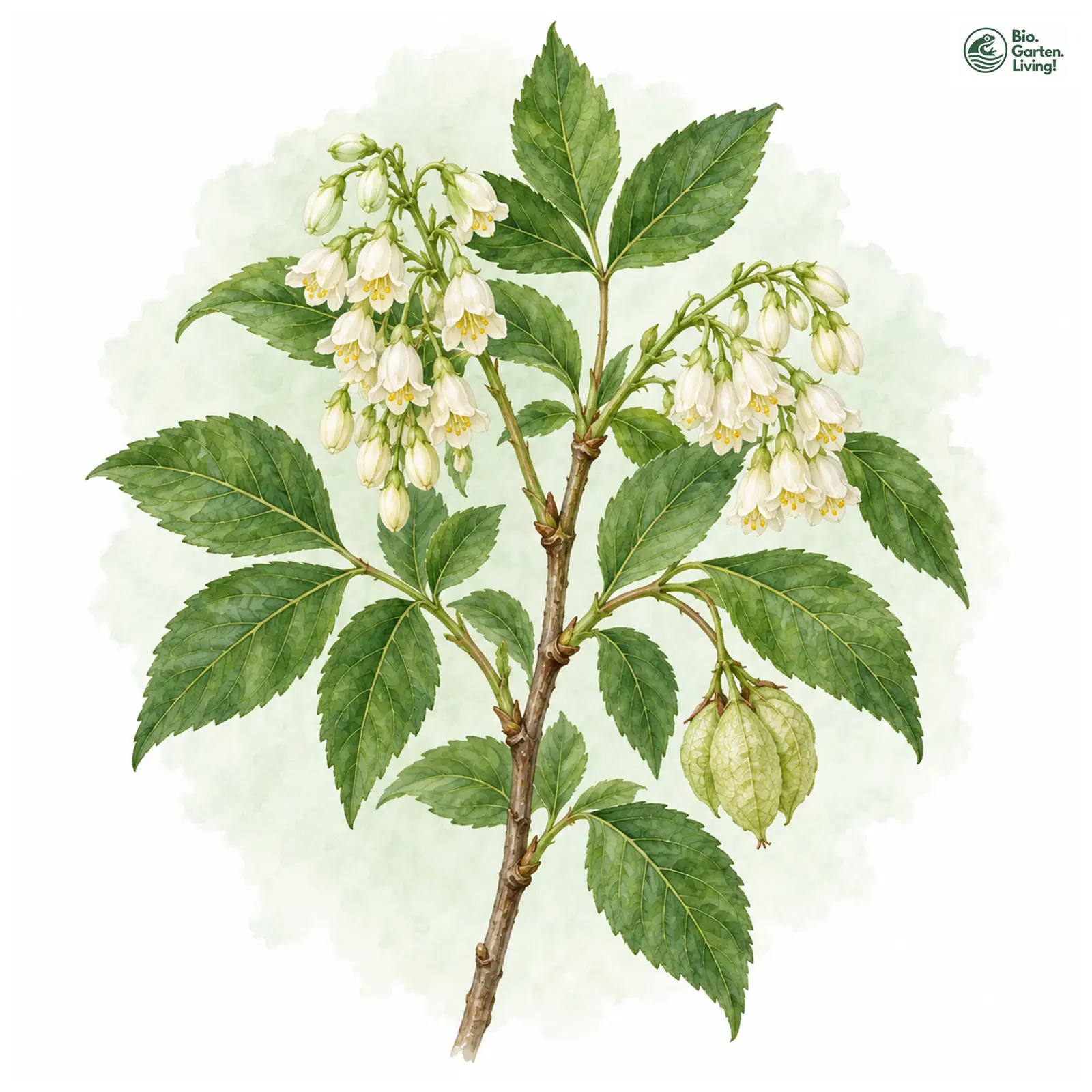 Aquarellzeichnung: Kolchische Pimpernuss (Staphylea colchica)