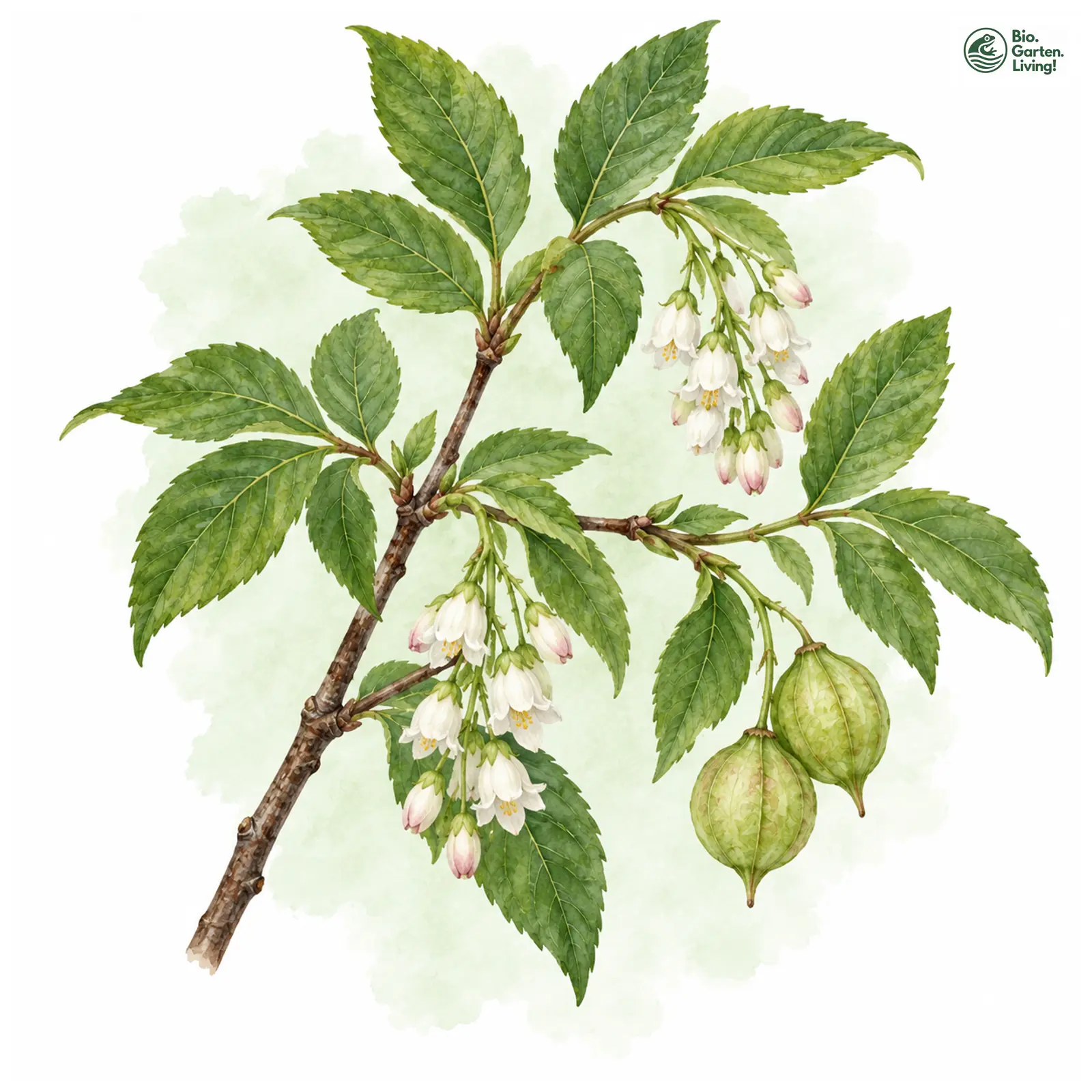Aquarellzeichnung: Chinesische Pimpernuss (Staphylea holocarpa)
