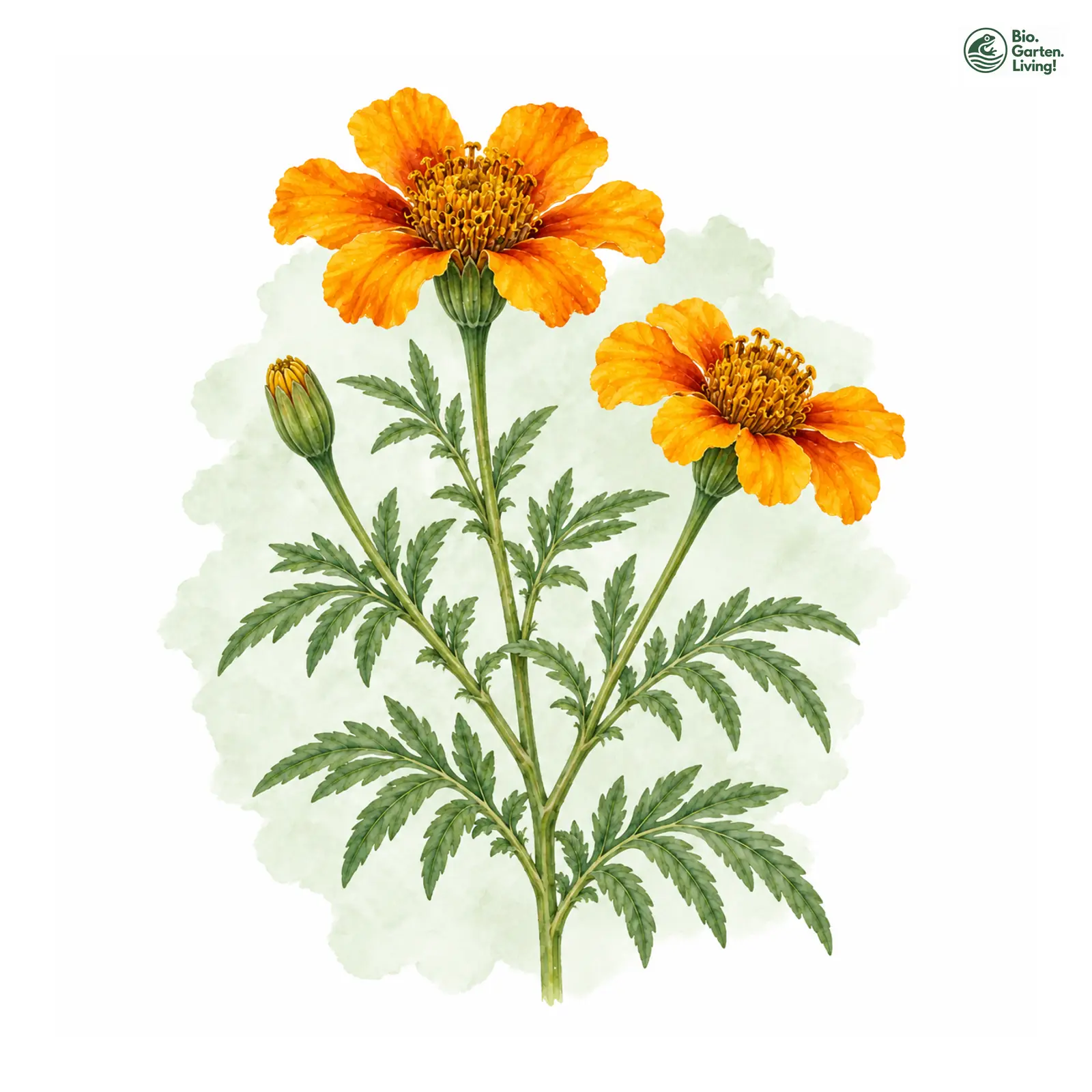 Aquarellzeichnung: Aufrechte Studentenblume (Tagetes erecta)
