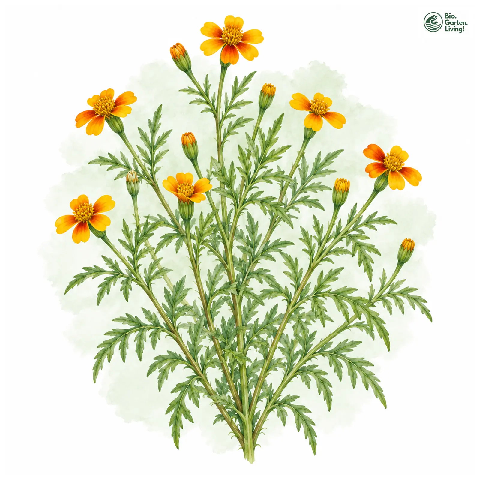 Aquarellzeichnung: Schmalblättrige Studentenblume (Tagetes tenuifolia)