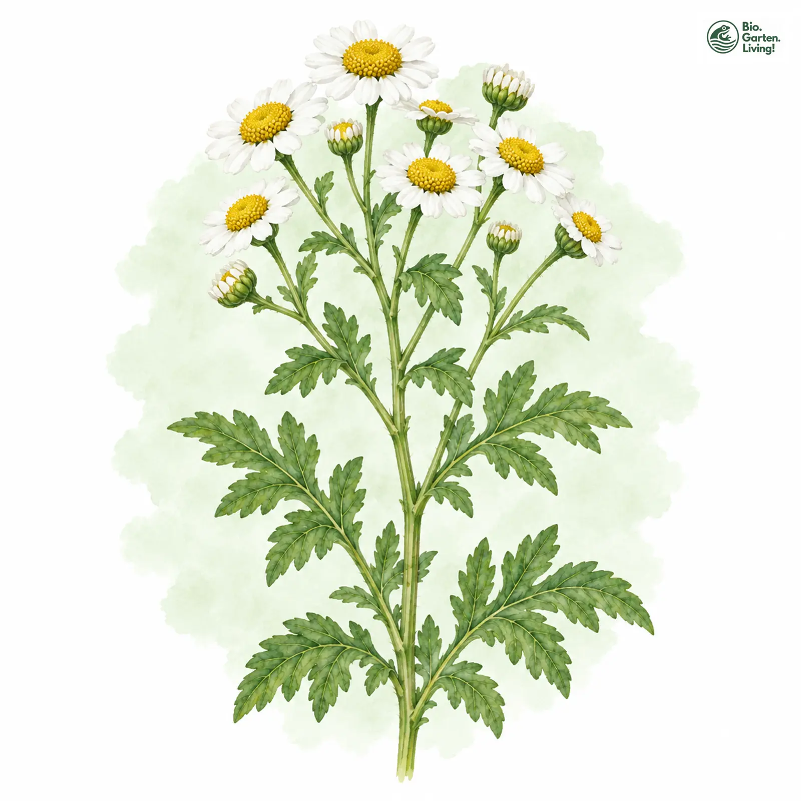 Aquarellzeichnung: Mutterkraut (Tanacetum parthenium)
