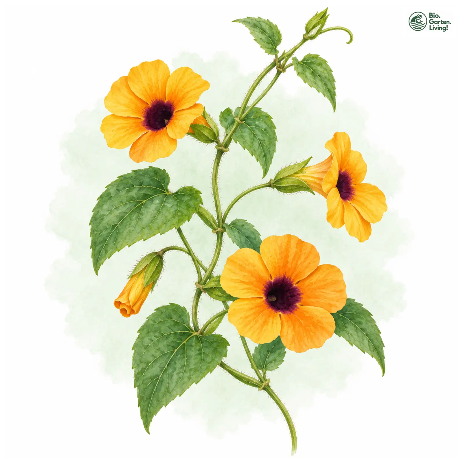Aquarellzeichnung: Schwarzäugige Susanne (Thunbergia alata)