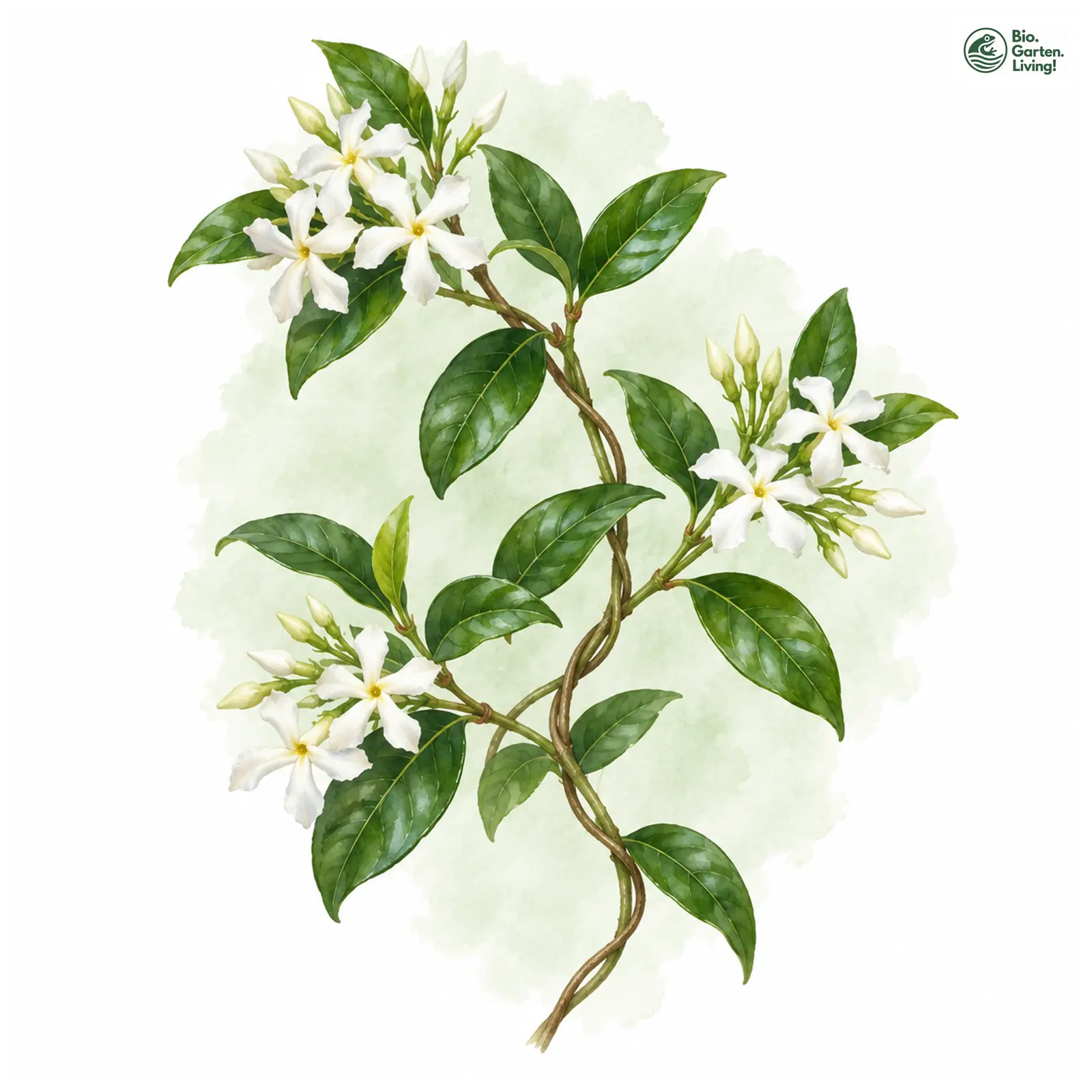 Aquarellzeichnung: Sternjasmin (Trachelospermum jasminoides)