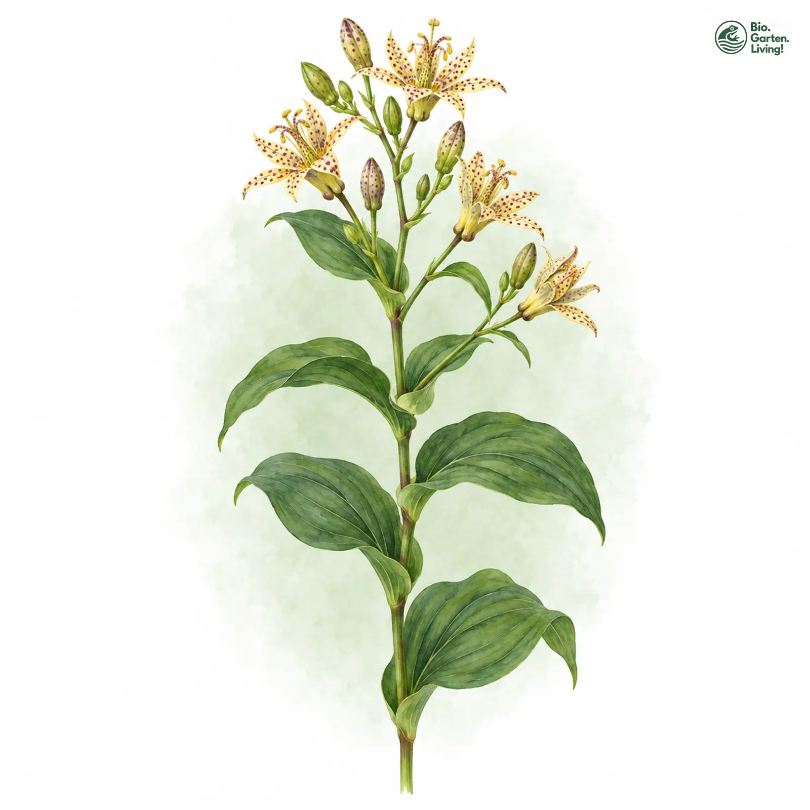 Aquarellzeichnung: Breitblättrige Krötenlilie (Tricyrtis latifolia)