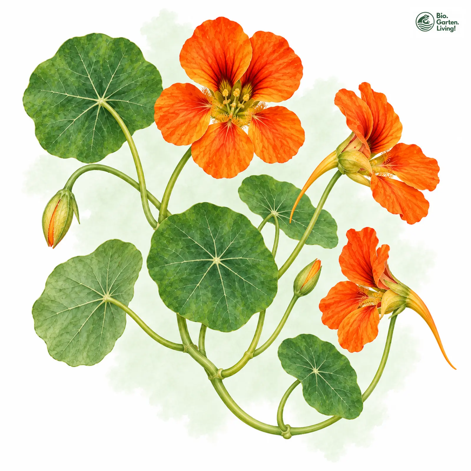 Aquarellzeichnung: Große Kapuzinerkresse (Tropaeolum majus)