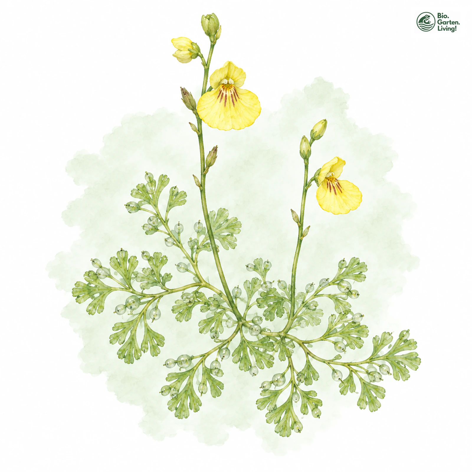 Aquarellzeichnung: Zierlicher Wasserschlauch (Utricularia bremii)