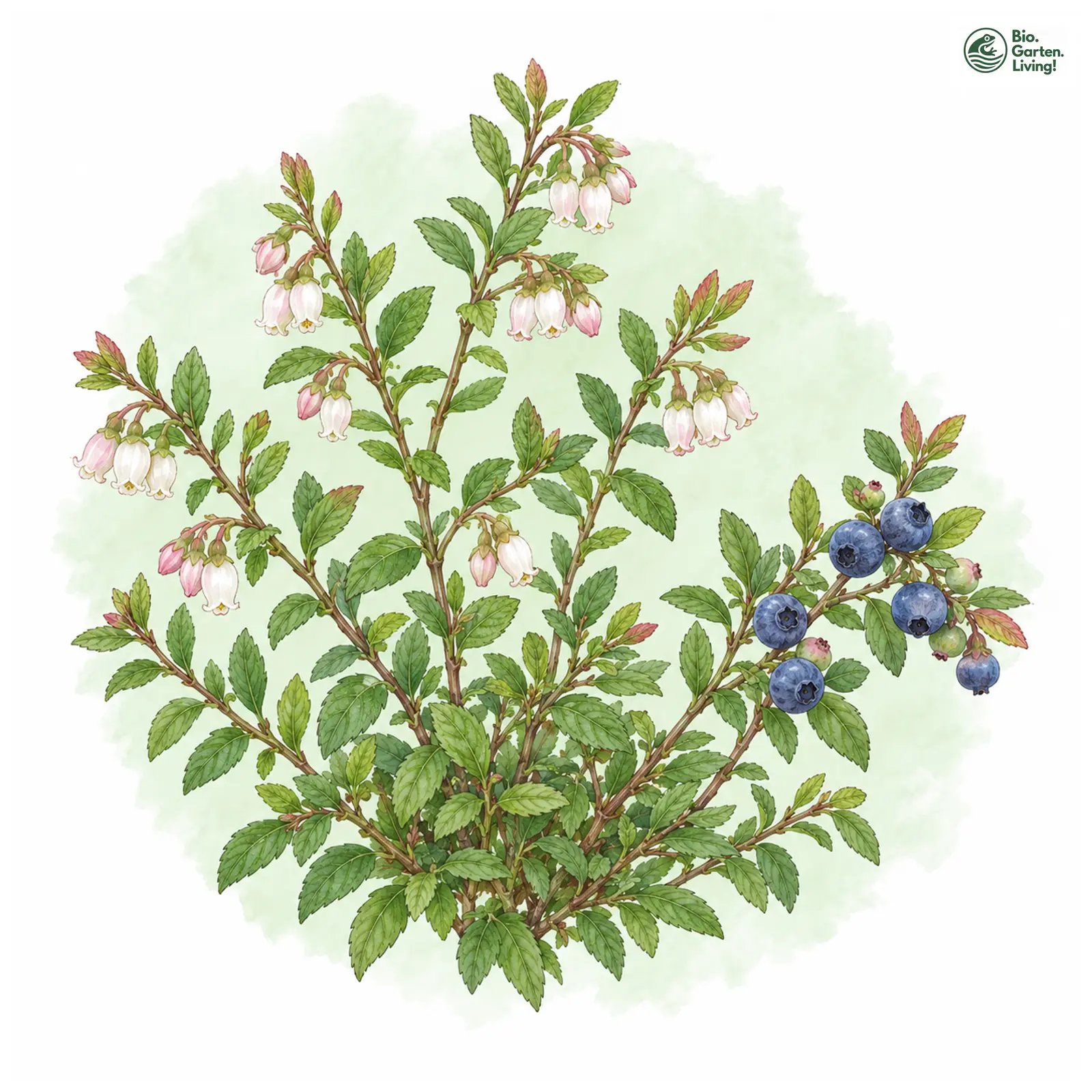 Aquarellzeichnung: Amerikanische Heidelbeere (Vaccinium angustifolium)
