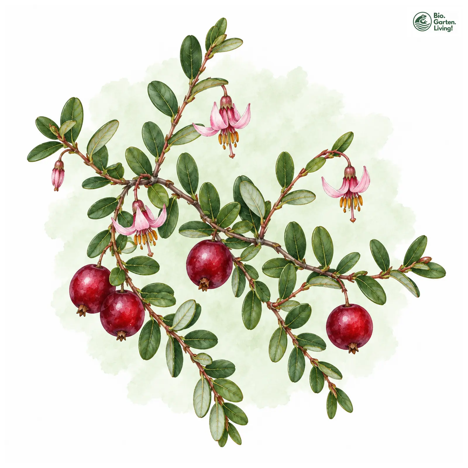Aquarellzeichnung: Großfrüchtige Moosbeere (Vaccinium macrocarpon)