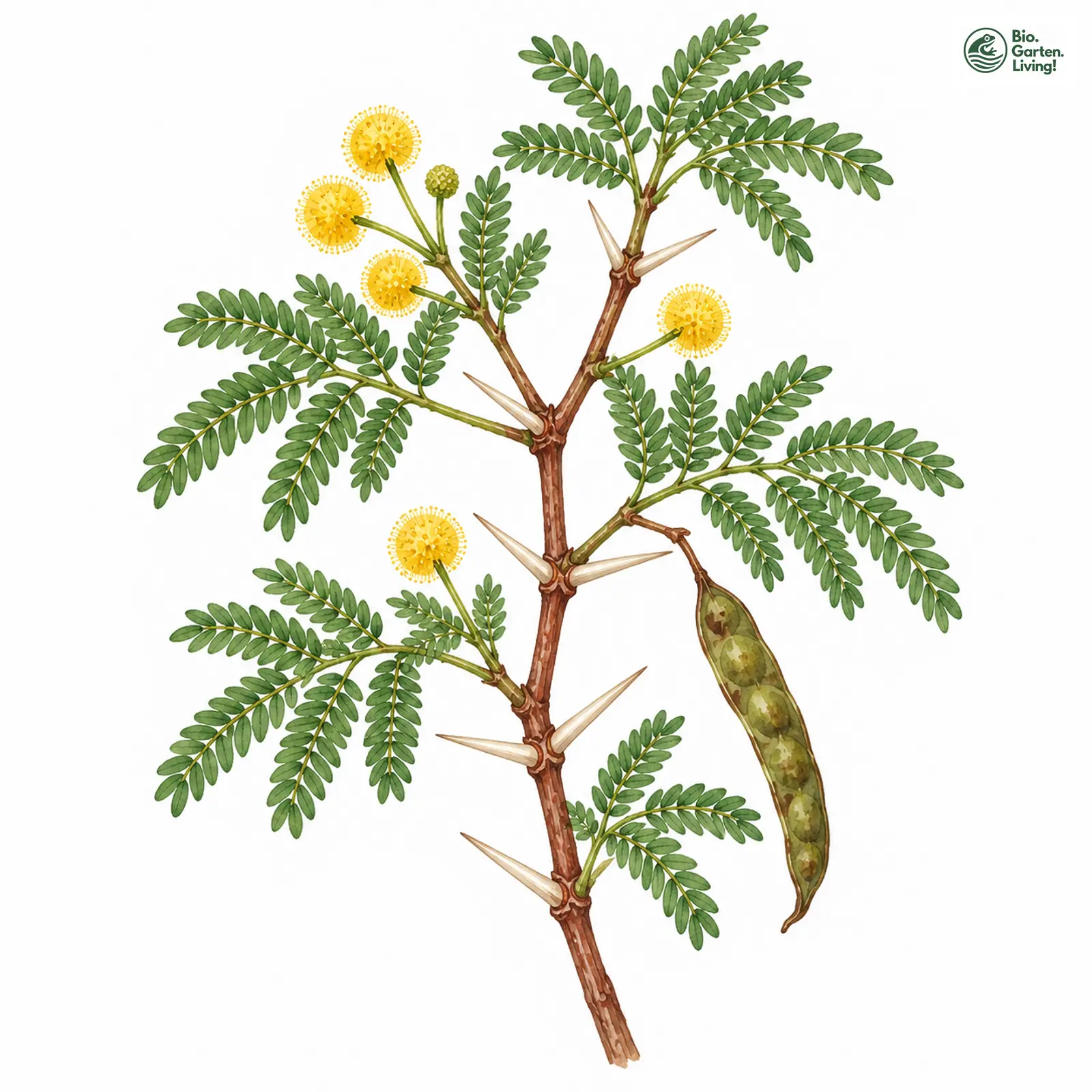 Aquarellzeichnung: Karroo-Akazie (Vachellia karroo)