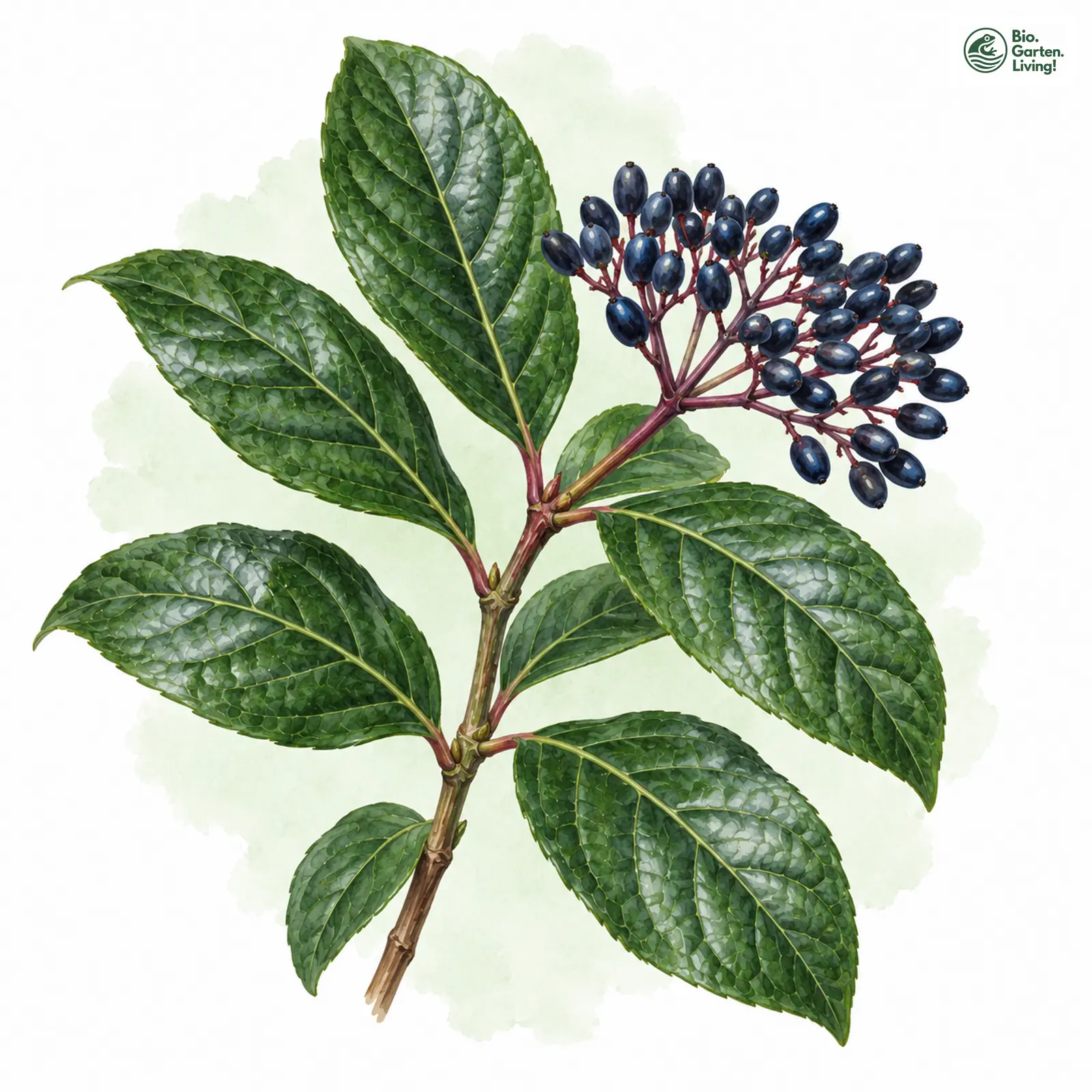 Aquarellzeichnung: Davids Schneeball (Viburnum davidii)