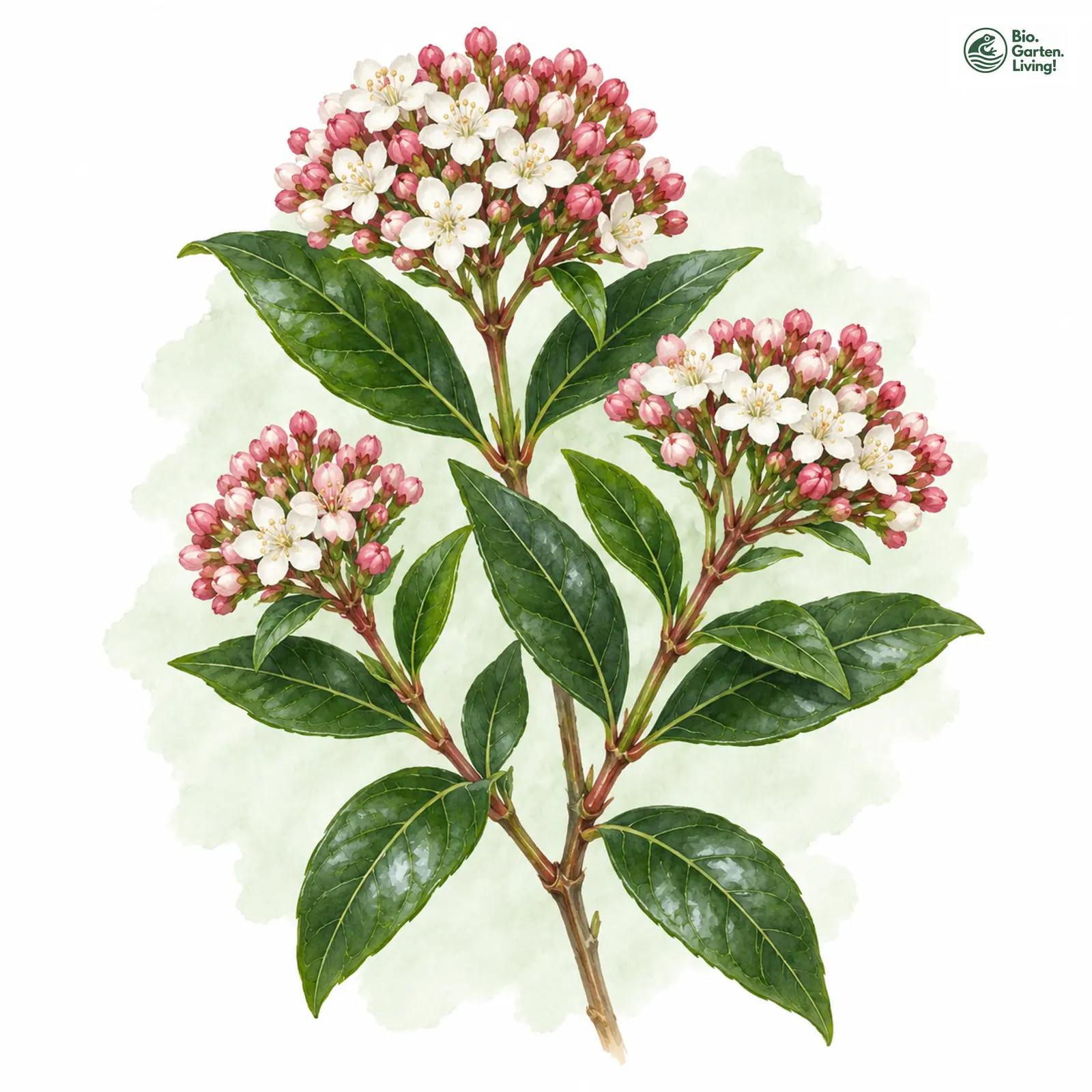 Aquarellzeichnung: Lorbeerblättriger Schneeball (Viburnum tinus)