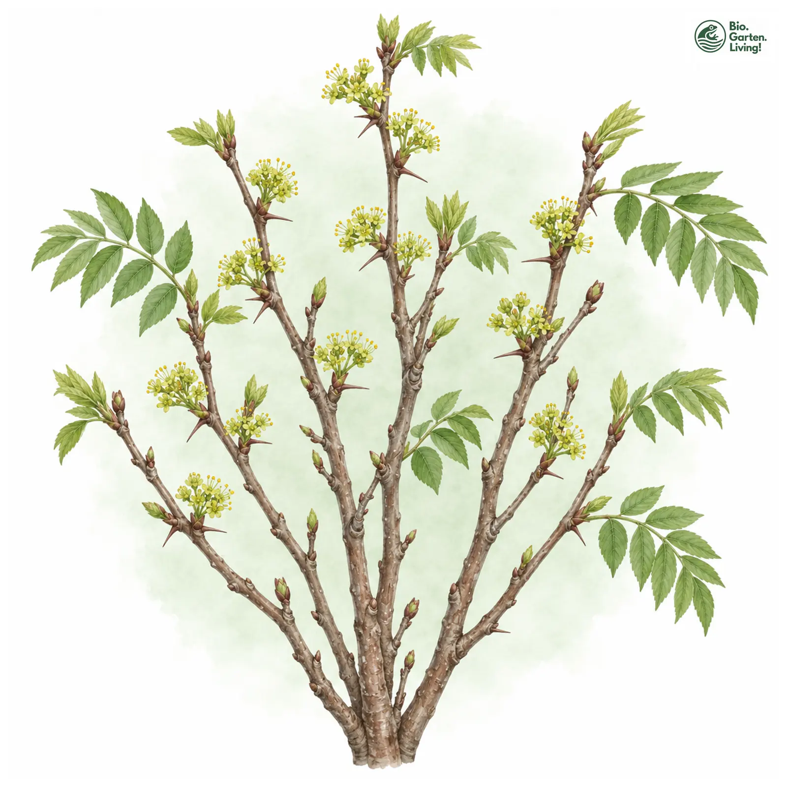 Aquarellzeichnung: Amerikanische Stachelesche (Zanthoxylum americanum)