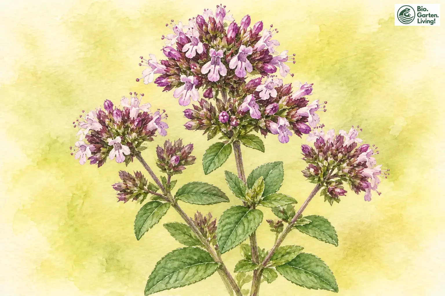 Aquarell von Dost mit kleinen rosavioletten Blütenständen und grünen Blättern