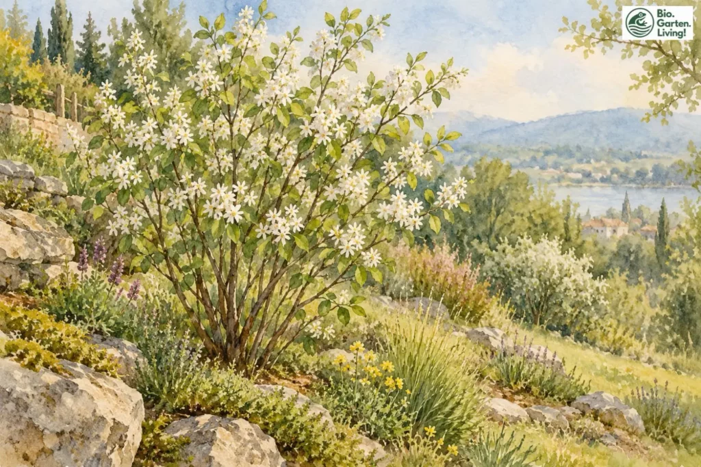 Blühende Echte Felsenbirne an einem sonnigen felsigen Standort als Aquarell