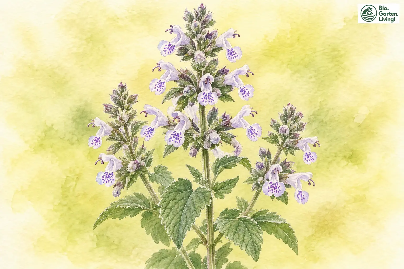 Aquarell der Echten Katzenminze mit hellen Lippenblüten und gezähnten Blättern