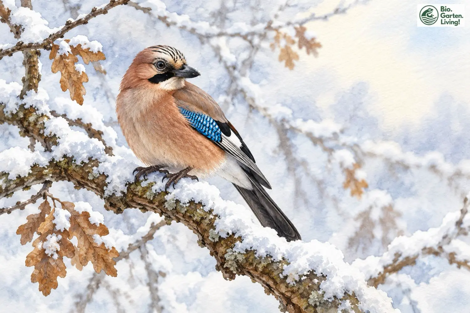 Eichelhäher sitzt im Winter auf einem schneebedeckten Eichenast.
