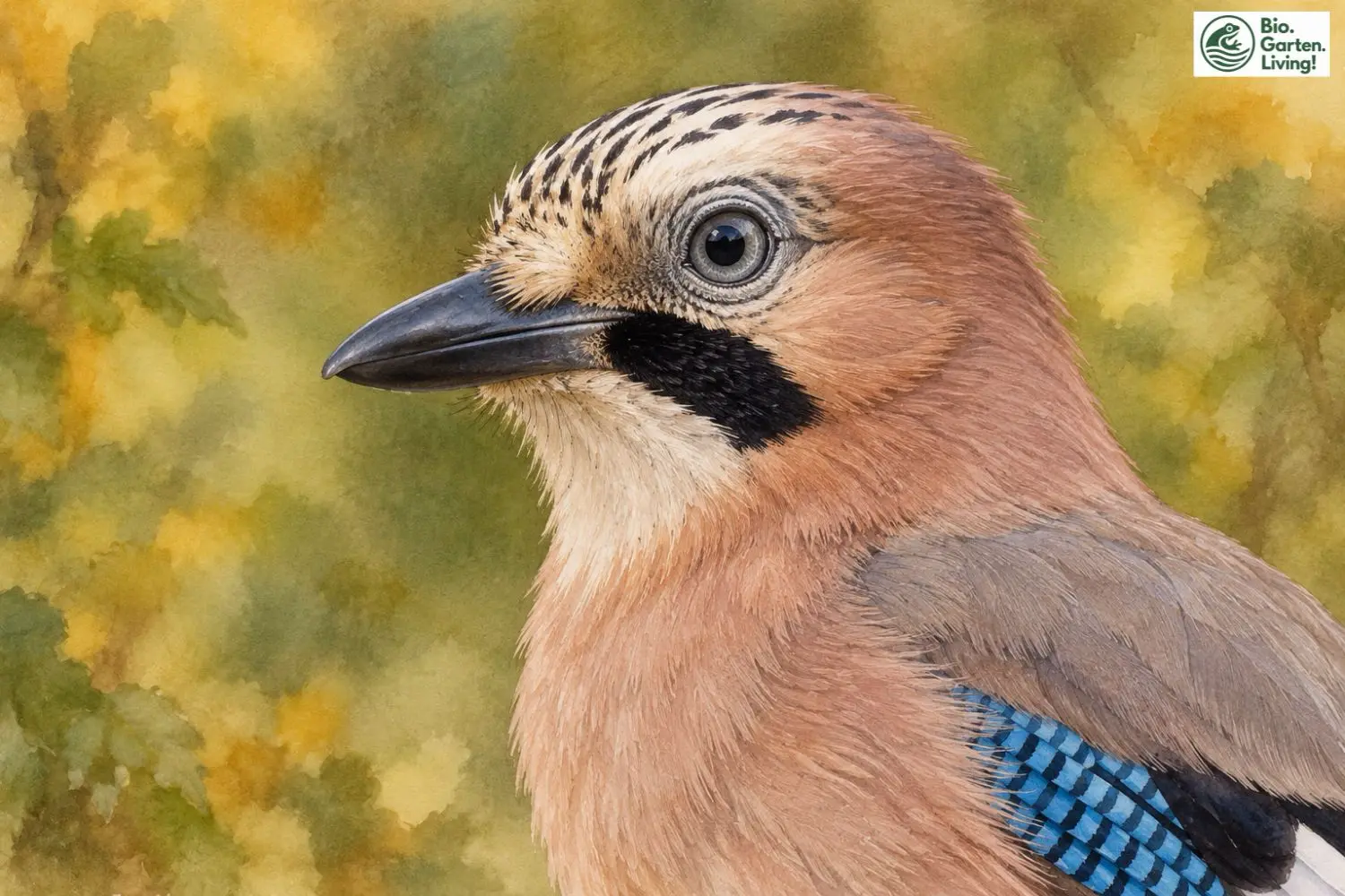 Nahaufnahme eines Eichelhähers mit hellem Scheitel, schwarzem Bartstreif und blauen Flügelfedern.