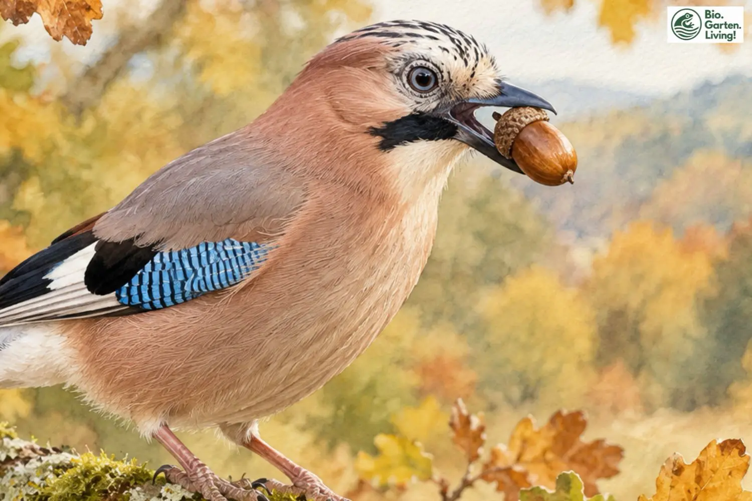 Eichelhäher hält eine Eichel im Schnabel; seine blau-schwarz gebänderten Flügelfedern sind sichtbar.