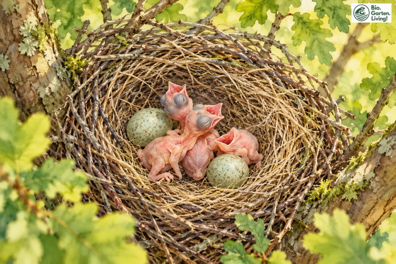Eichelhähernest in einer Astgabel mit drei frisch geschlüpften Jungvögeln und zwei gesprenkelten Eiern.