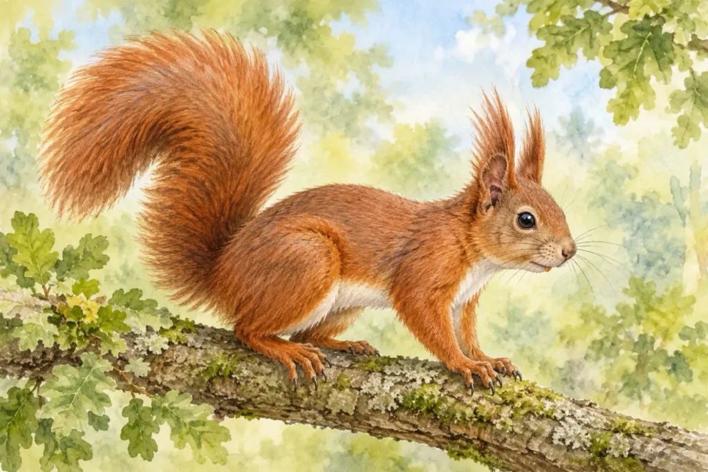 Eichhörnchen mit buschigem Schwanz auf einem Eichenast