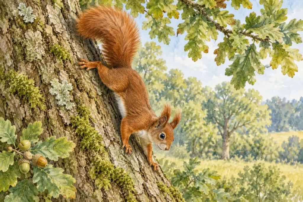 Eichhörnchen klettert kopfüber einen Eichenstamm hinab