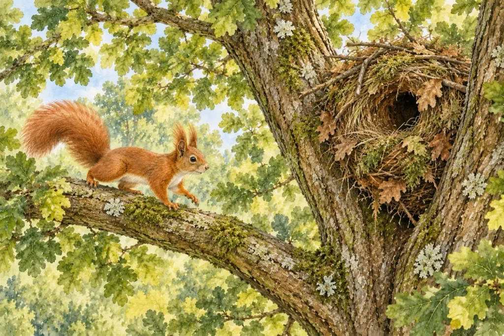 Eichhörnchen nähert sich seinem Kobel in einer alten Eiche