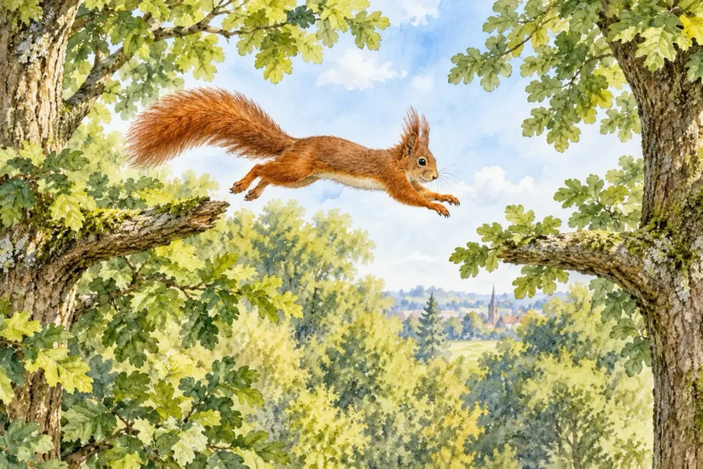 Eichhörnchen springt zwischen zwei Baumkronen