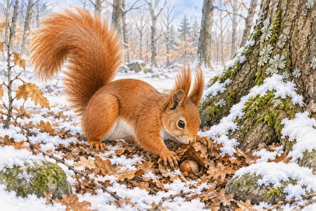 Eichhörnchen sucht im Schnee nach einem versteckten Wintervorrat
