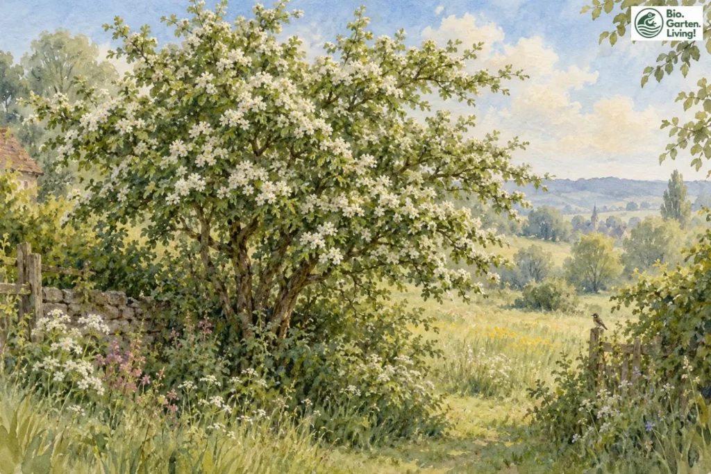 Blühender Eingriffeliger Weißdorn in einer naturnahen Gartenlandschaft als Aquarell